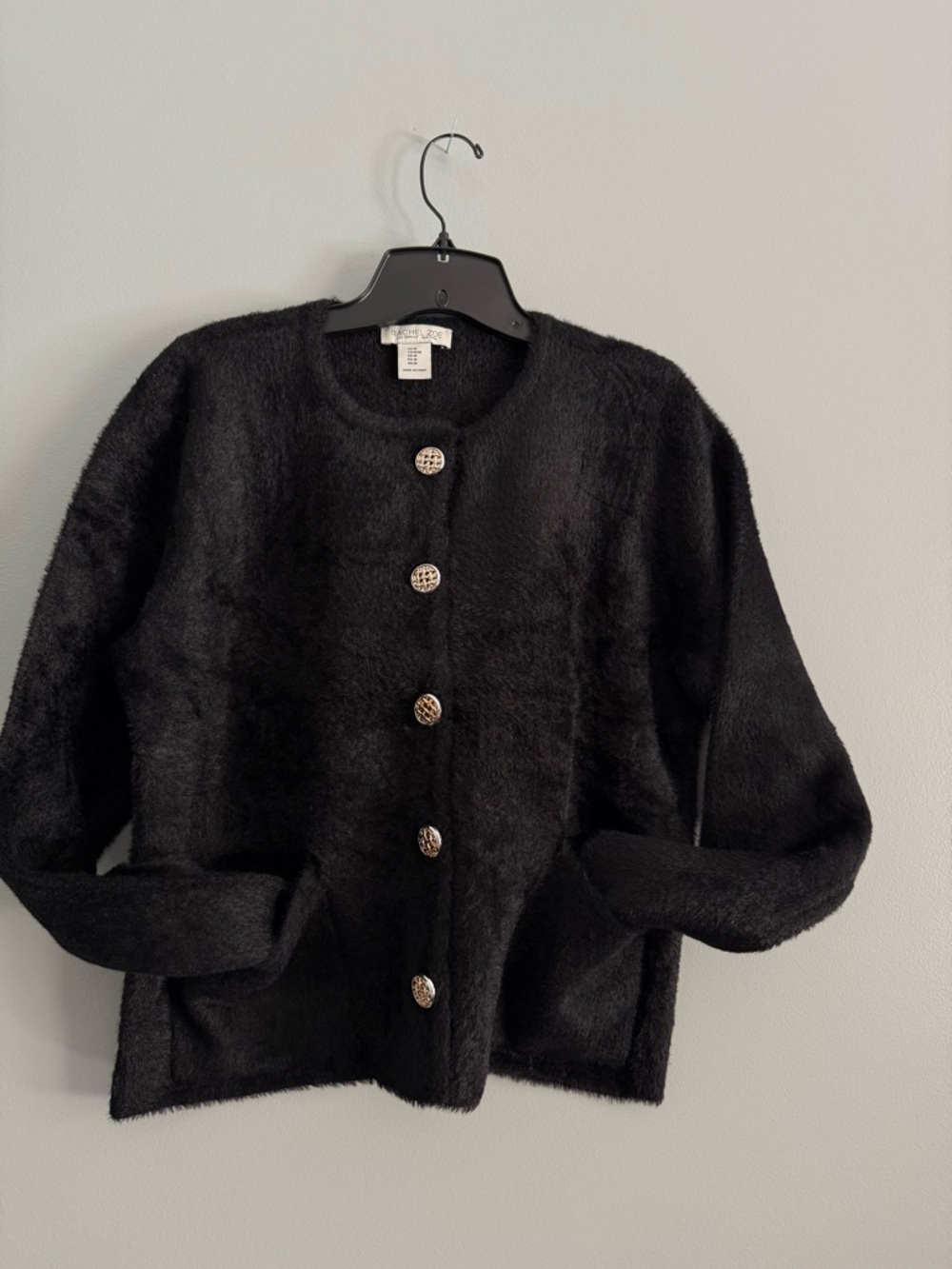 Rachel Zoe Soft Black Fuzzy Button-Up Cardigan with lattice buttons size Medium